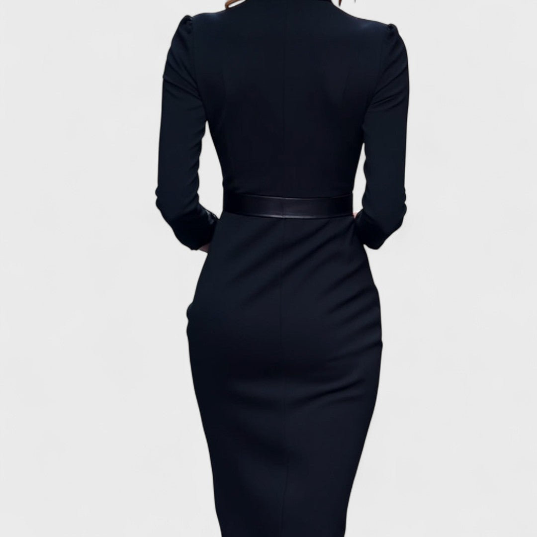 Sabina | Elegancka sukienka z paskiem i kołnierzem