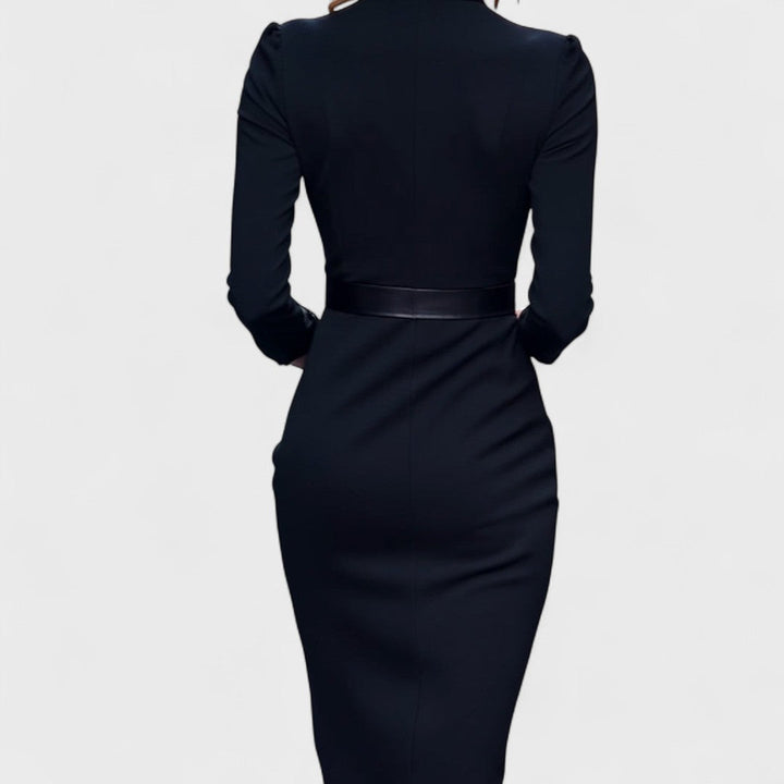 Sabina | Elegancka sukienka z paskiem i kołnierzem