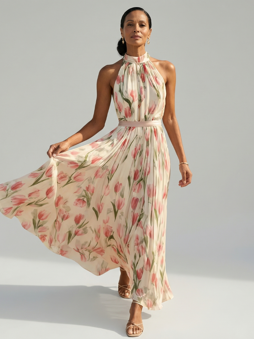 Aurelle | Robe Midi à Col Halter à Fleurs