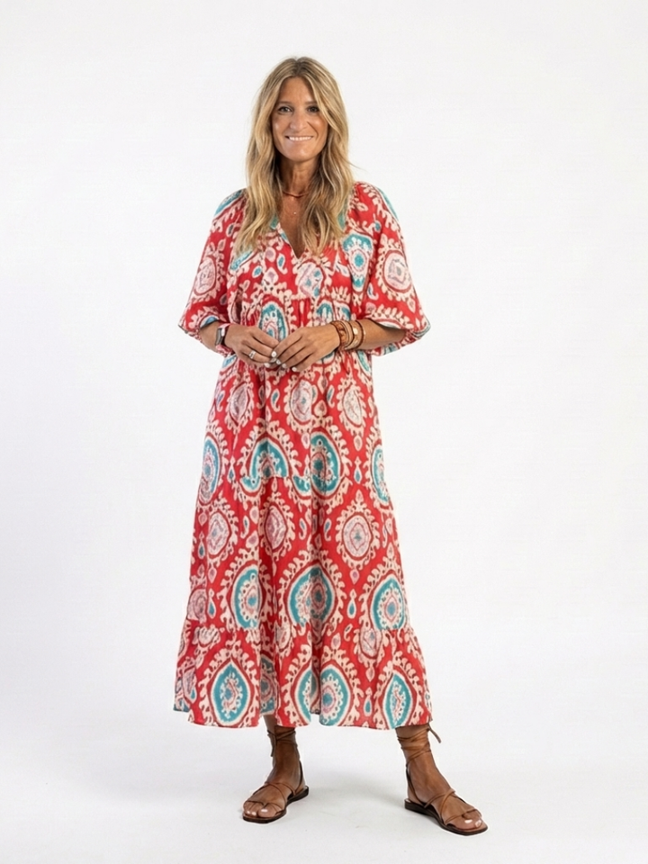 Zaria | Robe midi à imprimé paisley avec décolleté en V et manches courtes