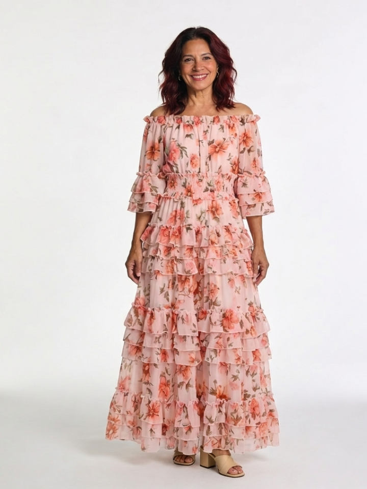 Rosalie | Robe Maxi à Volants Florale Décolleté Bardot