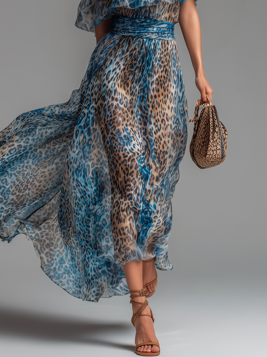 Wild - Robe longue en chiffon avec imprimé léopard et épaules nues