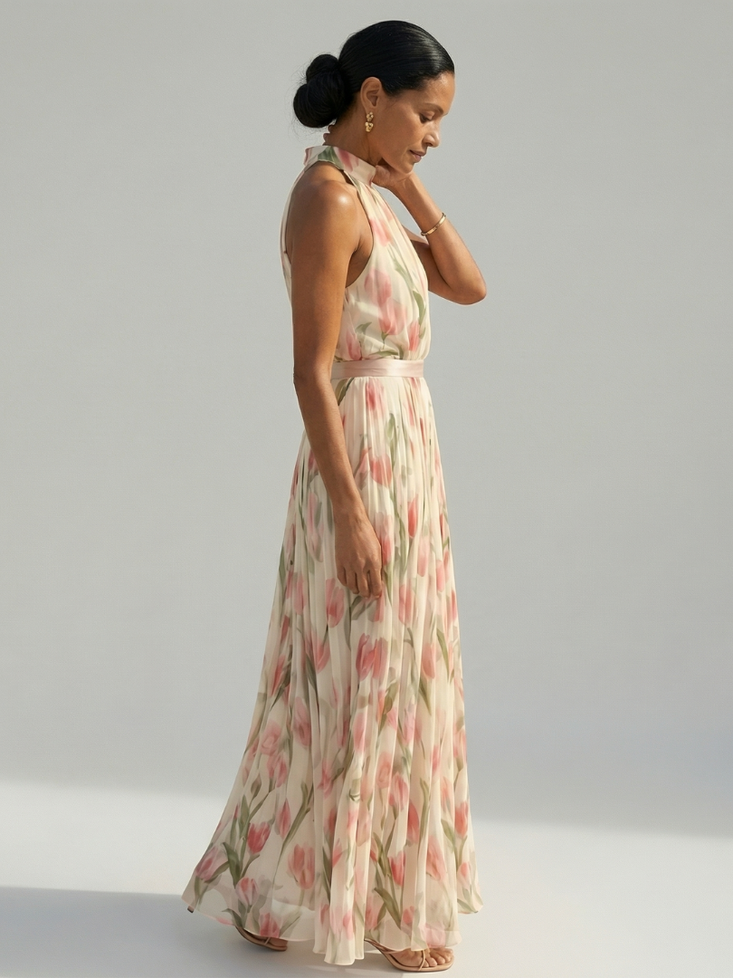 Aurelle | Robe Midi à Col Halter à Fleurs