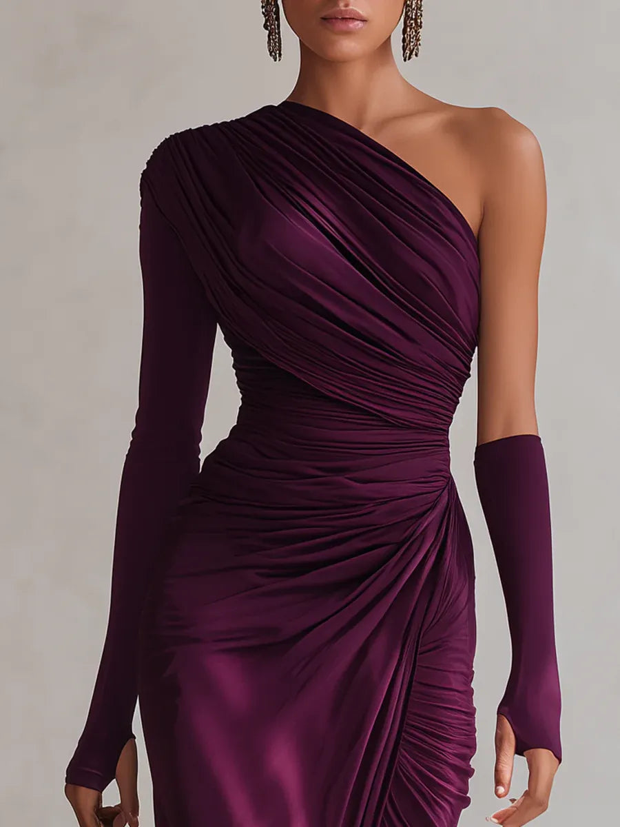 Rosalia - Elegancka fioletowa sukienka maxi sexy na jedno ramię