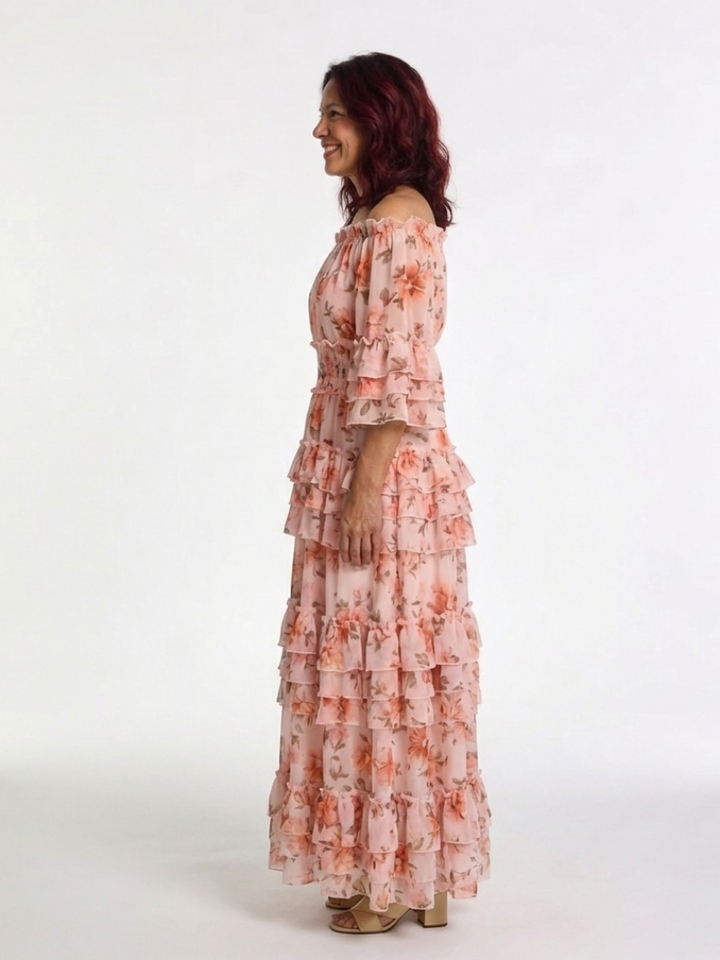 Rosalie | Robe Maxi à Volants Florale Décolleté Bardot
