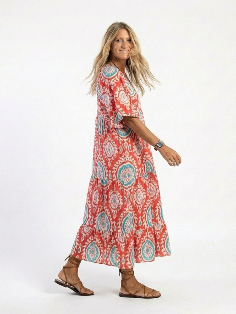 Zaria | Robe midi à imprimé paisley avec décolleté en V et manches courtes