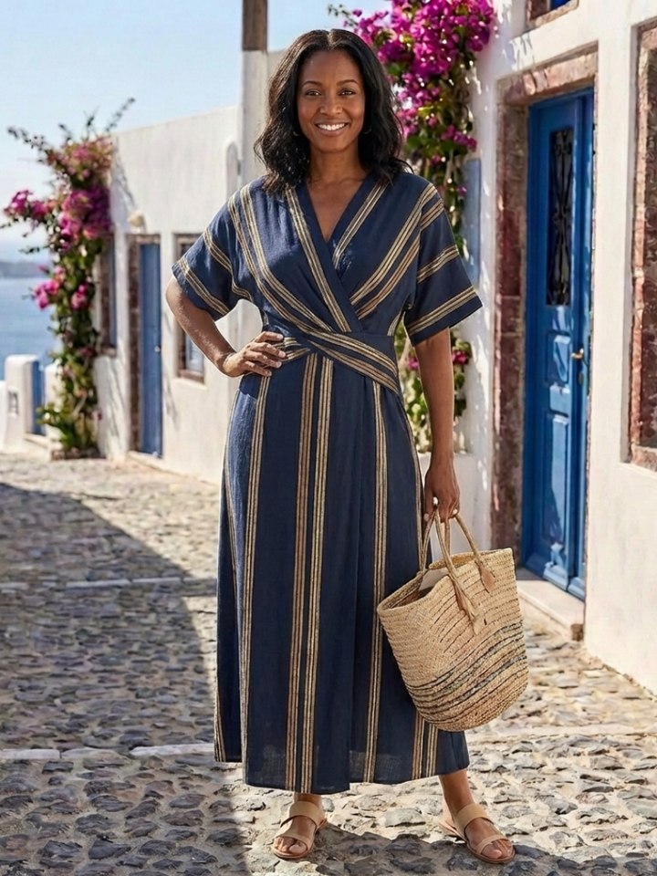 Saphira | Robe Midi Croisée Rayée à Manches Courtes en V