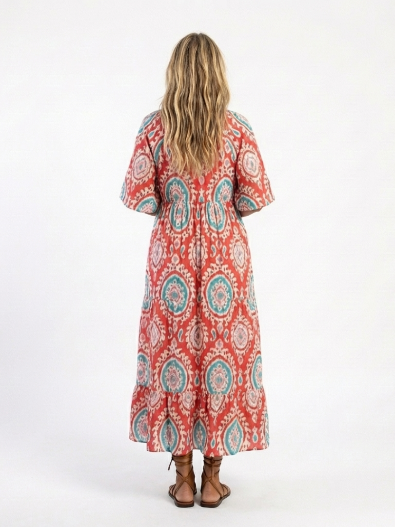Zaria | Robe midi à imprimé paisley avec décolleté en V et manches courtes