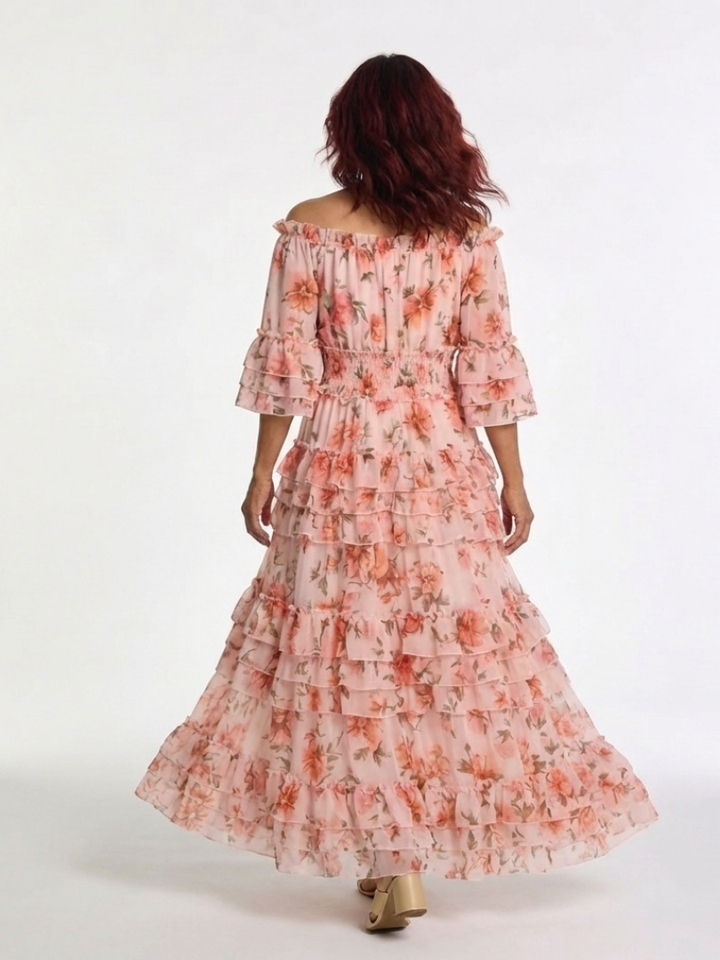Rosalie | Robe Maxi à Volants Florale Décolleté Bardot