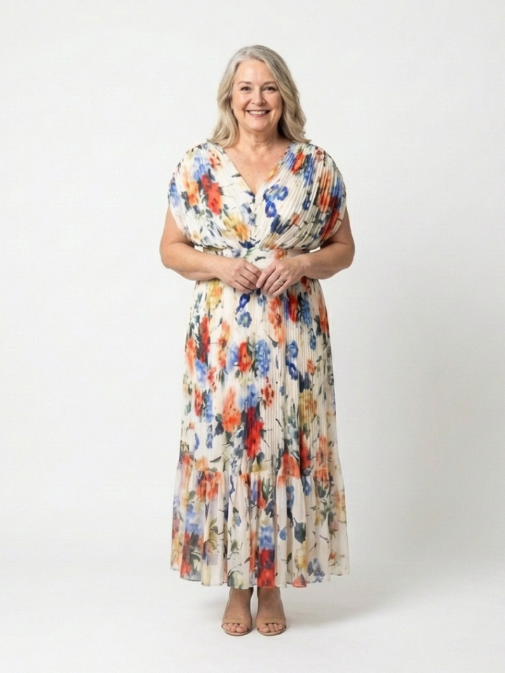 Savannah | Robe Midi Fleurie Plissée à Manches Courtes