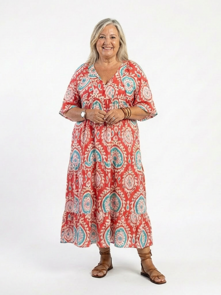Zaria | Robe midi à imprimé paisley avec décolleté en V et manches courtes
