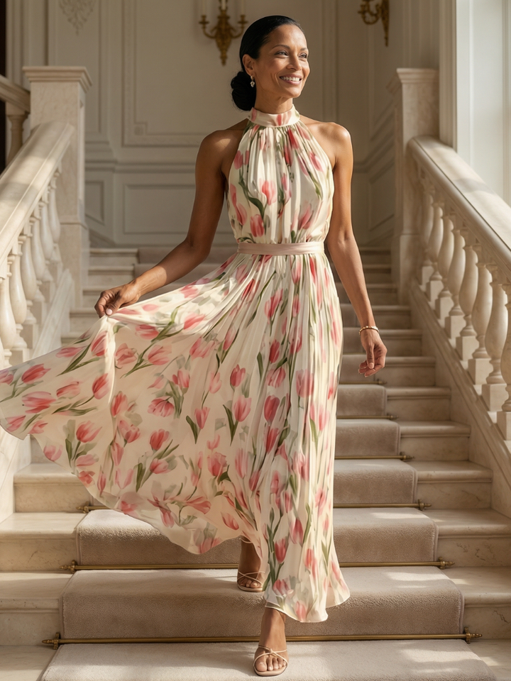 Aurelle | Robe Midi à Col Halter à Fleurs