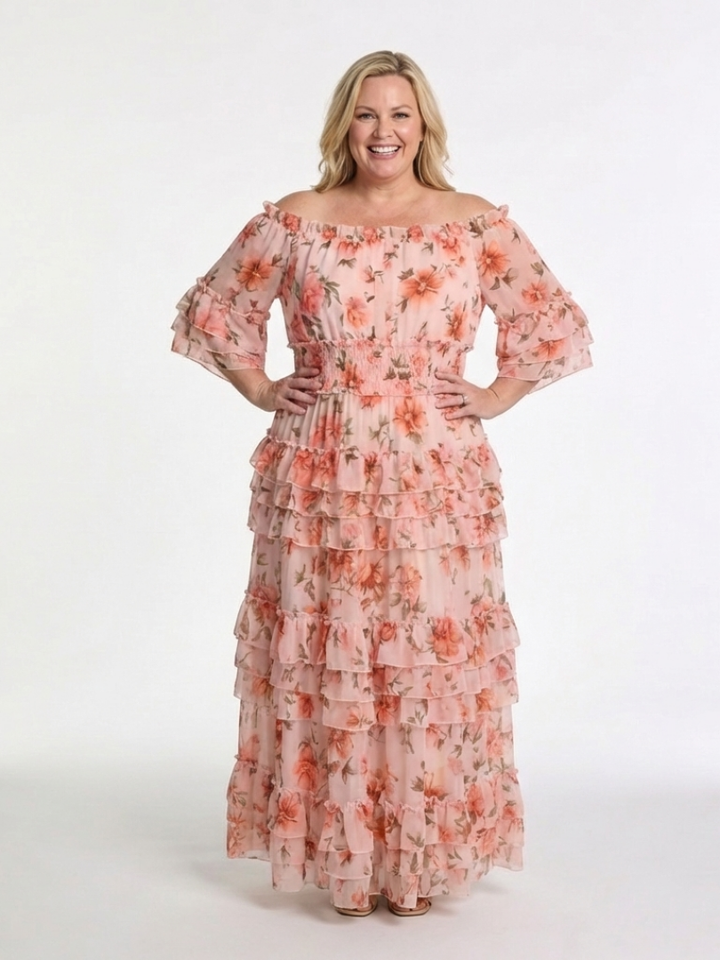 Rosalie | Robe Maxi à Volants Florale Décolleté Bardot