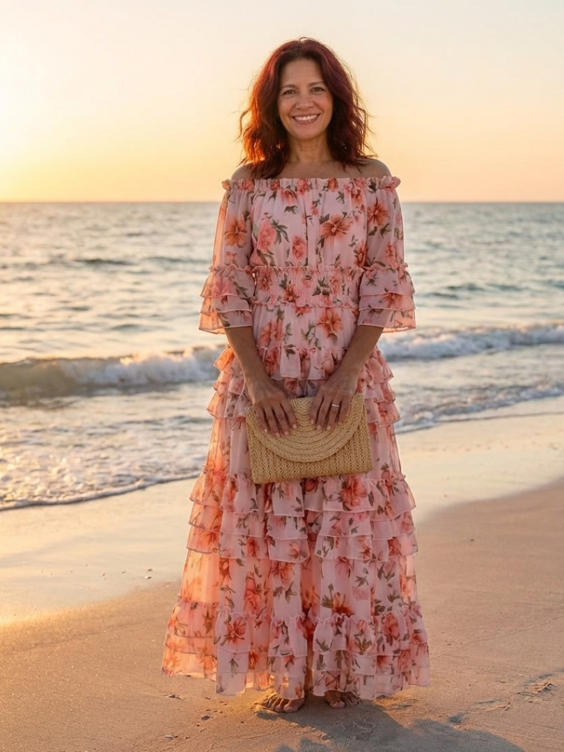 Rosalie | Robe Maxi à Volants Florale Décolleté Bardot
