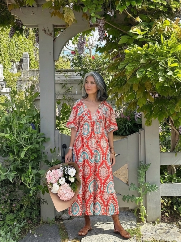 Zaria | Robe midi à imprimé paisley avec décolleté en V et manches courtes
