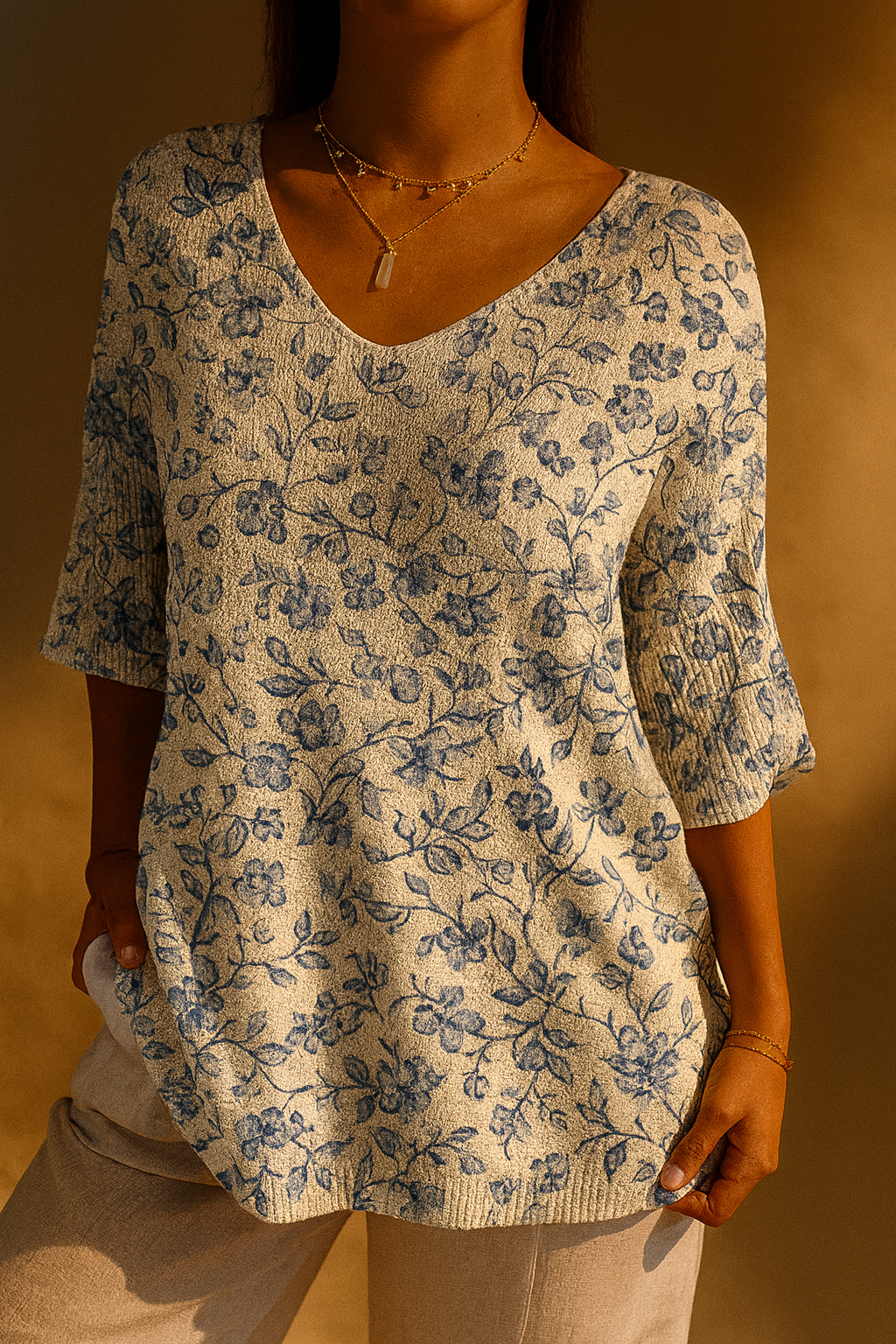 Pull en Tricot à Imprimé de Fleurs Bleues pour Femmes