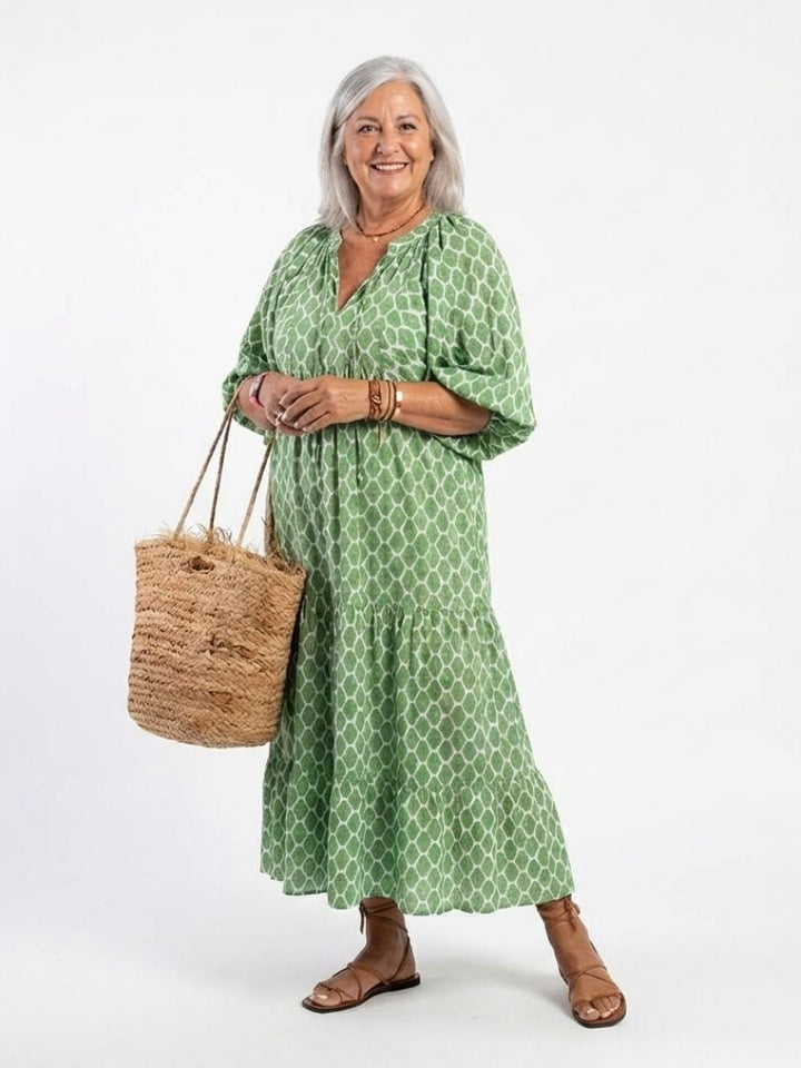 Apolline | Robe midi à manches trois quarts et décolleté en V à motifs