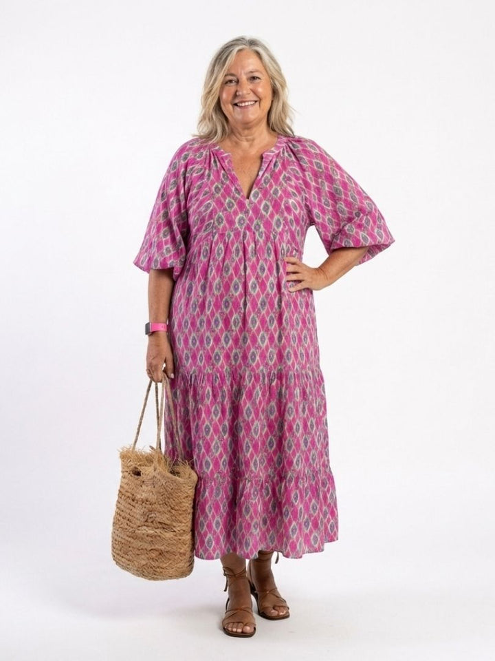 Apolline | Robe midi à manches trois quarts et décolleté en V à motifs