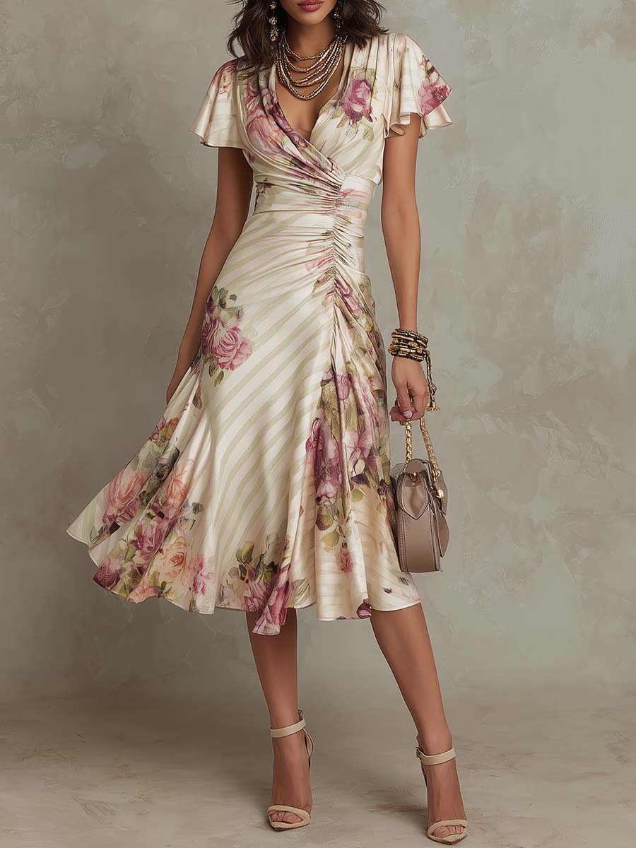 Alba | Robe midi drapée florale élégante
