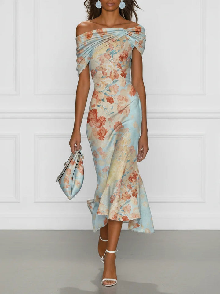 Vittoria - Robe Midi Sirène Sans Manches avec Épaules Dégagées et Motif Floral Bleu