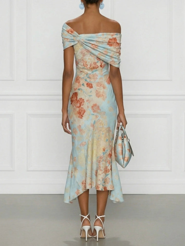 Vittoria - Robe Midi Sirène Sans Manches avec Épaules Dégagées et Motif Floral Bleu