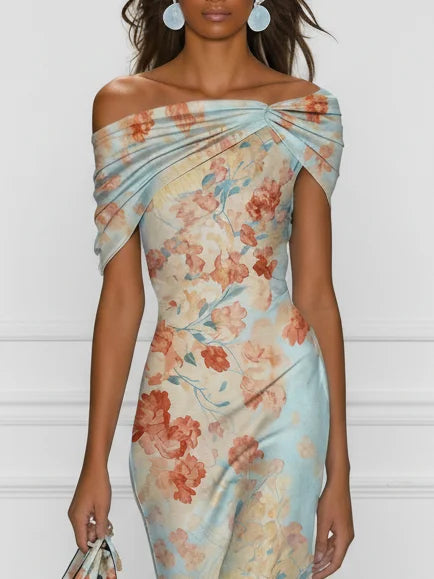 Vittoria - Robe Midi Sirène Sans Manches avec Épaules Dégagées et Motif Floral Bleu