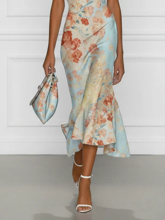 Vittoria - Robe Midi Sirène Sans Manches avec Épaules Dégagées et Motif Floral Bleu