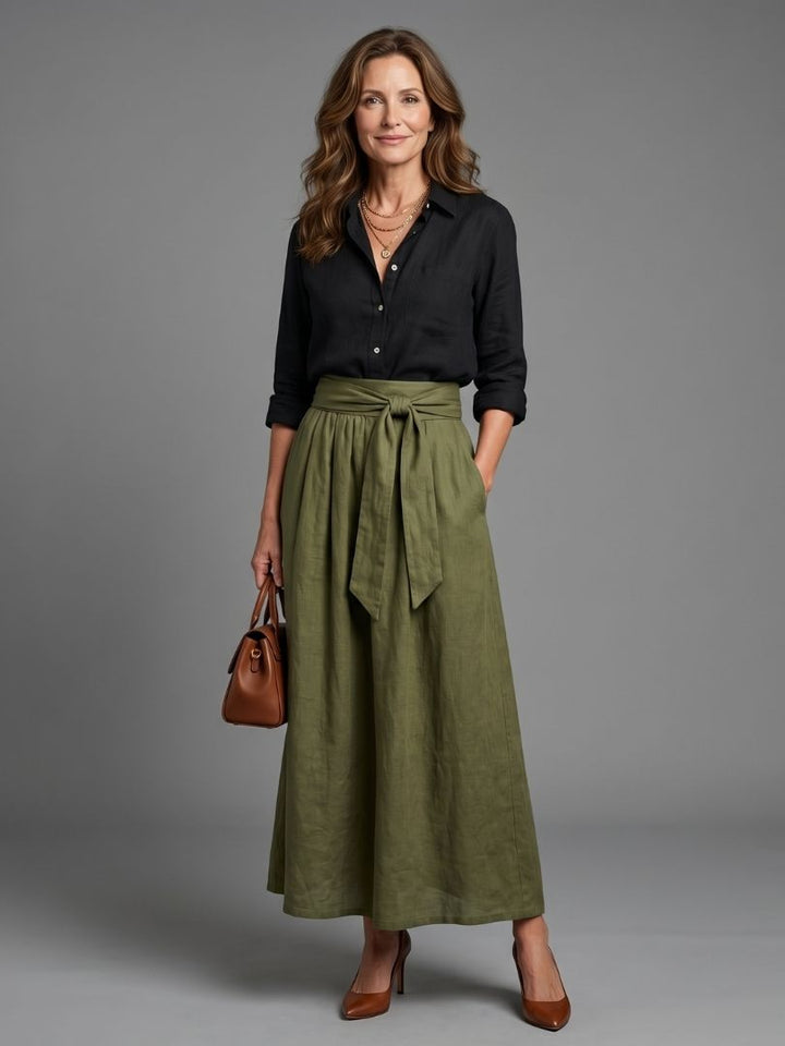 Vera | Ensemble de deux pièces Blouse noire Jupe midi verte olive