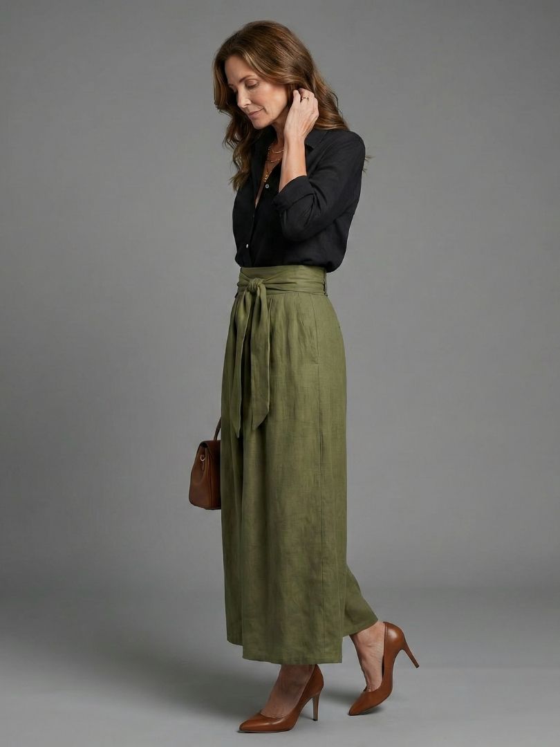 Vera | Ensemble de deux pièces Blouse noire Jupe midi verte olive