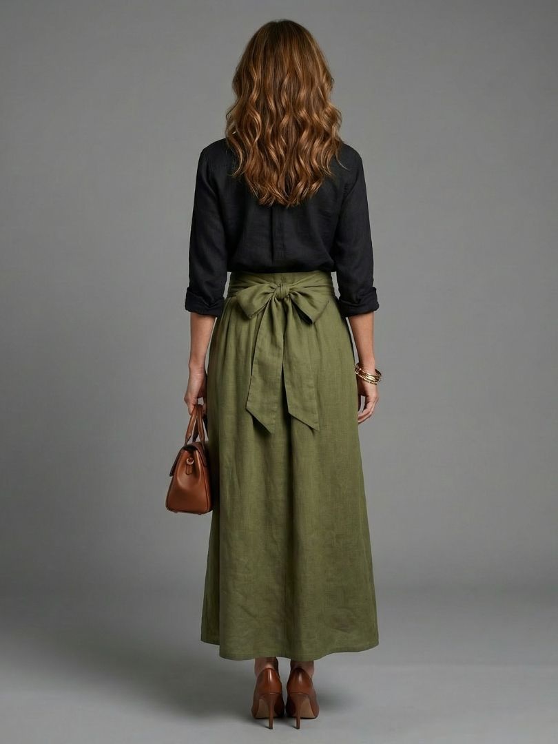 Vera | Ensemble de deux pièces Blouse noire Jupe midi verte olive