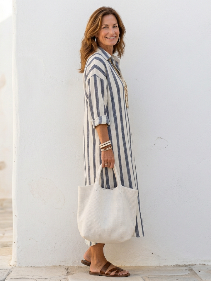 Naomi | Robe Chemise Midi à Manches Longues Rayée