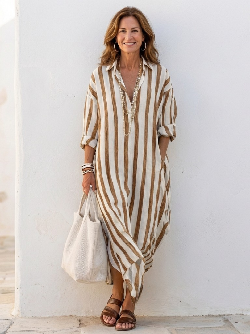 Naomi | Robe Chemise Midi à Manches Longues Rayée