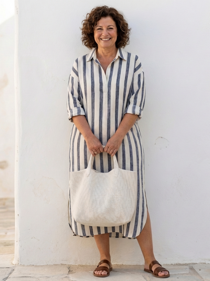Naomi | Robe Chemise Midi à Manches Longues Rayée