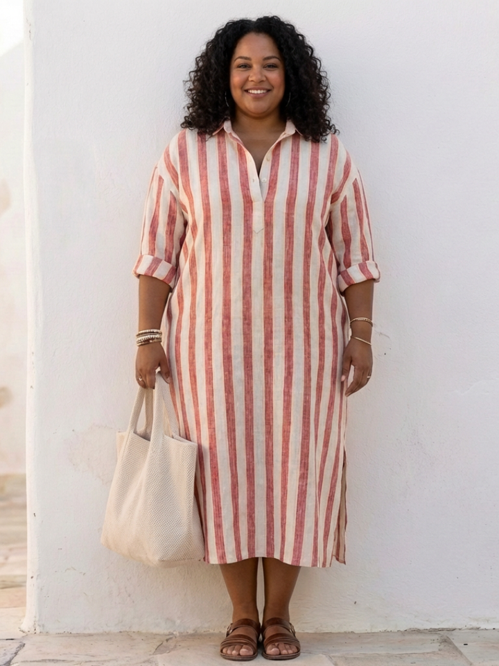 Naomi | Robe Chemise Midi à Manches Longues Rayée