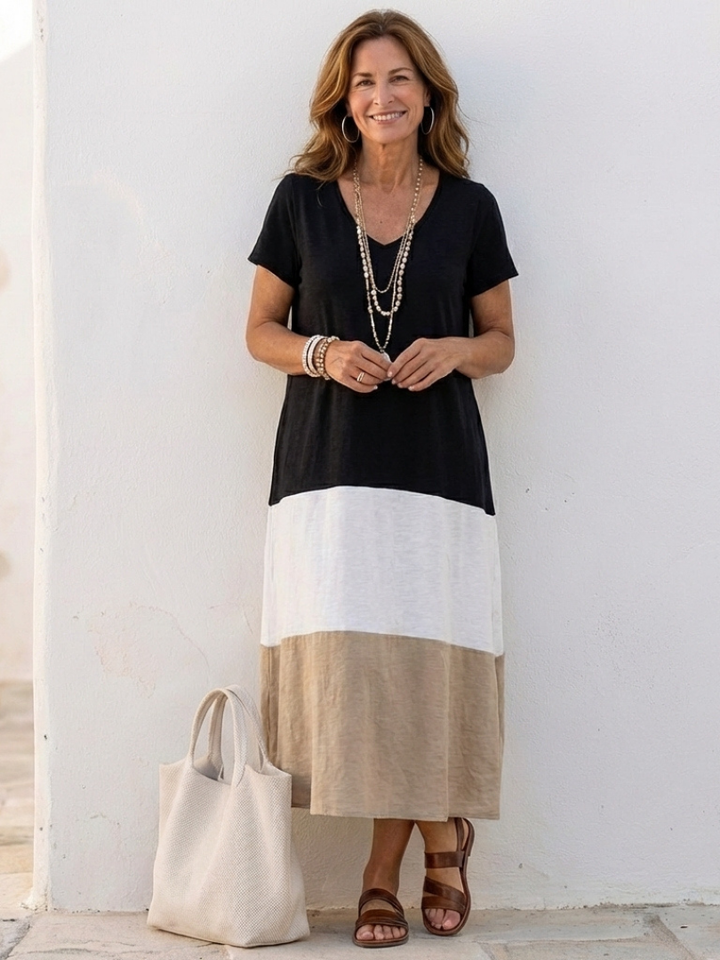 Thalia | Robe Midi à Manches Courtes en Color Block avec Décolleté en V
