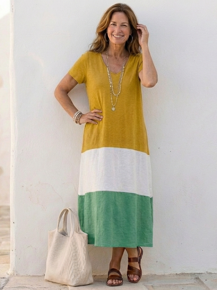 Thalia | Robe Midi à Manches Courtes en Color Block avec Décolleté en V