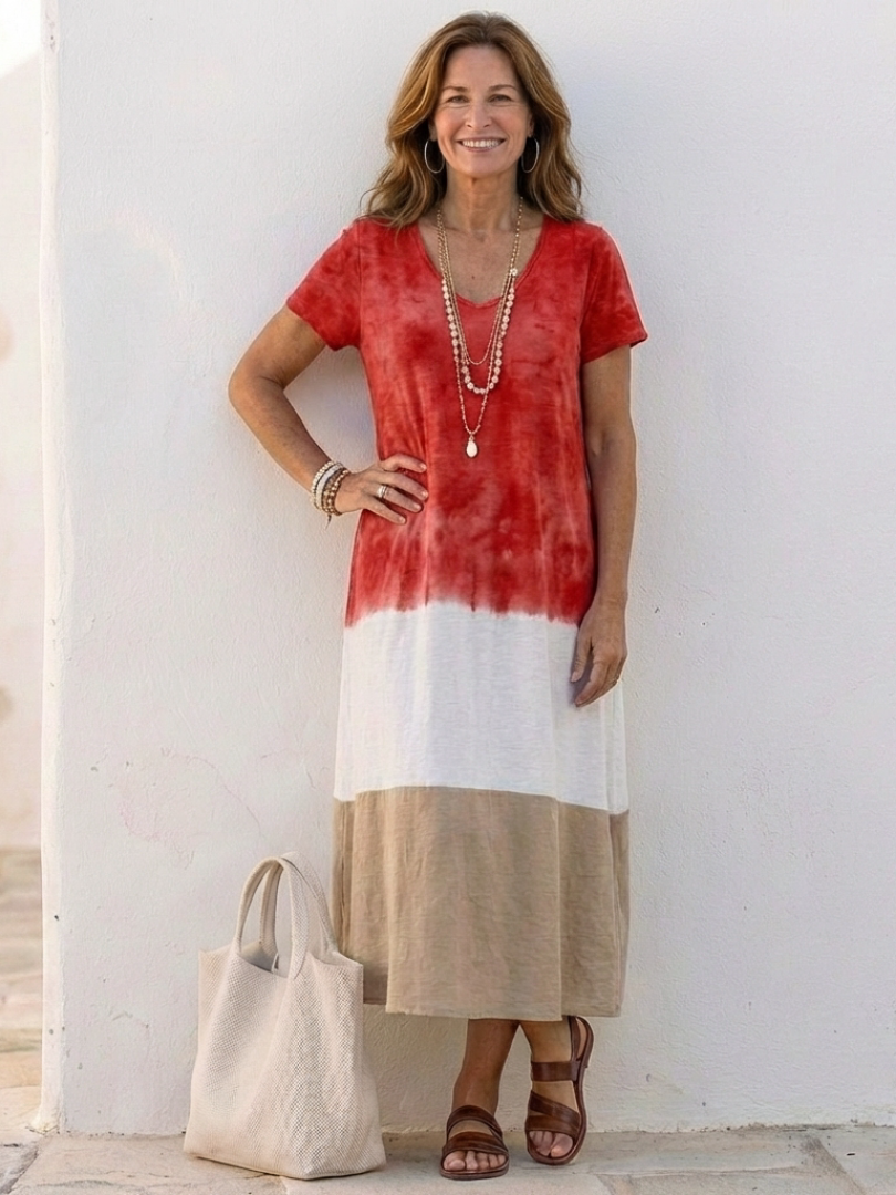 Thalia | Robe Midi à Manches Courtes en Color Block avec Décolleté en V