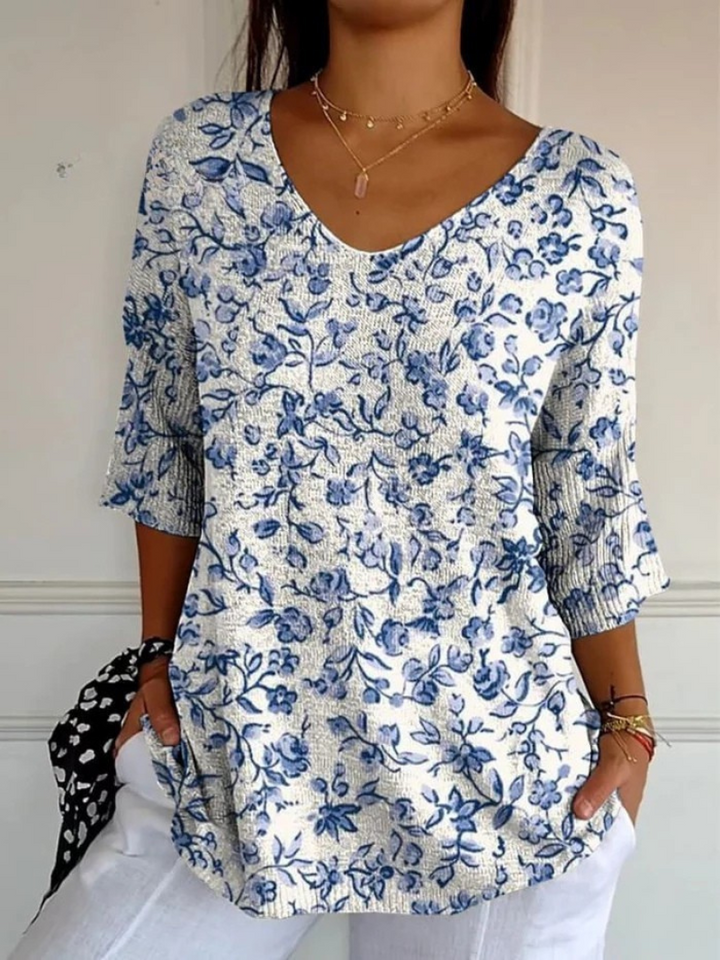 Pull en Tricot à Imprimé de Fleurs Bleues pour Femmes