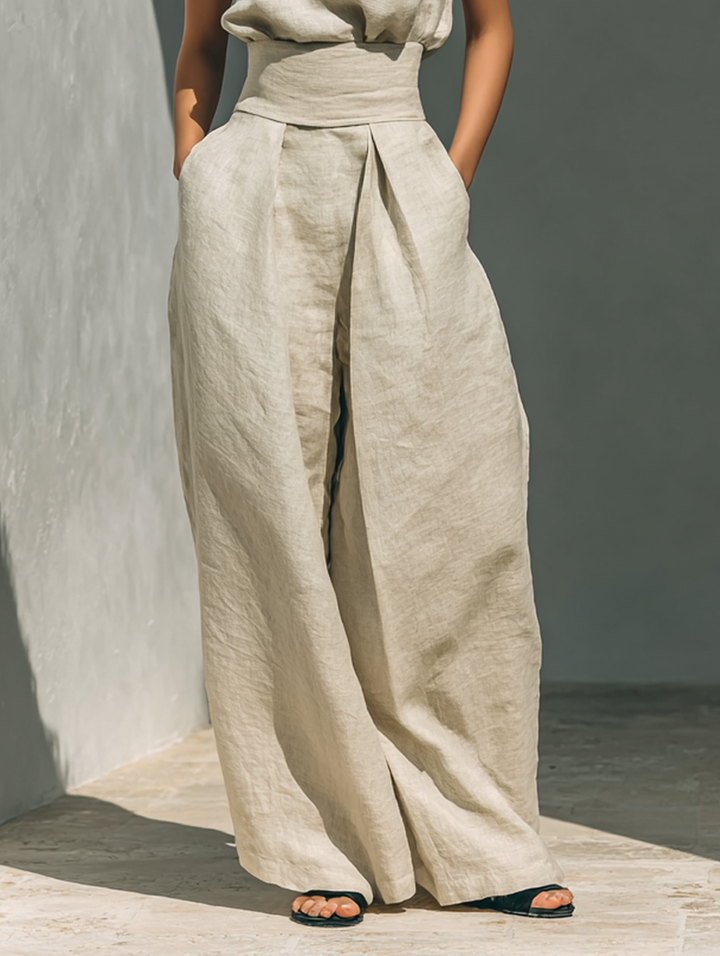 Aurora | Ensemble Co-Ord Décontracté Beige Sans Manches à Jambes Larges