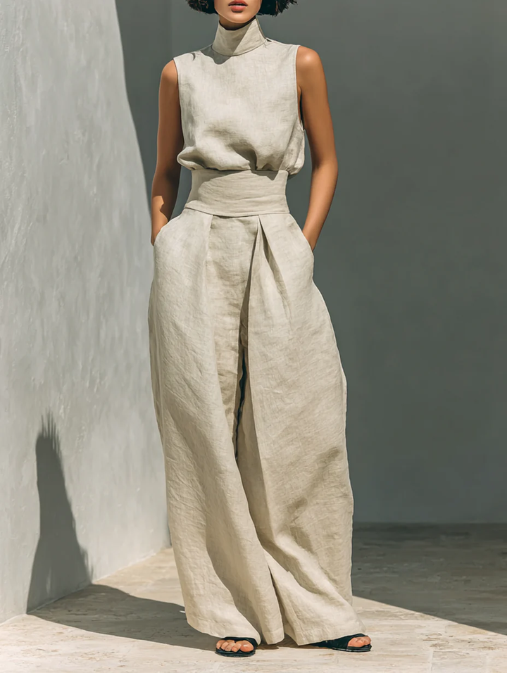 Aurora | Ensemble Co-Ord Décontracté Beige Sans Manches à Jambes Larges