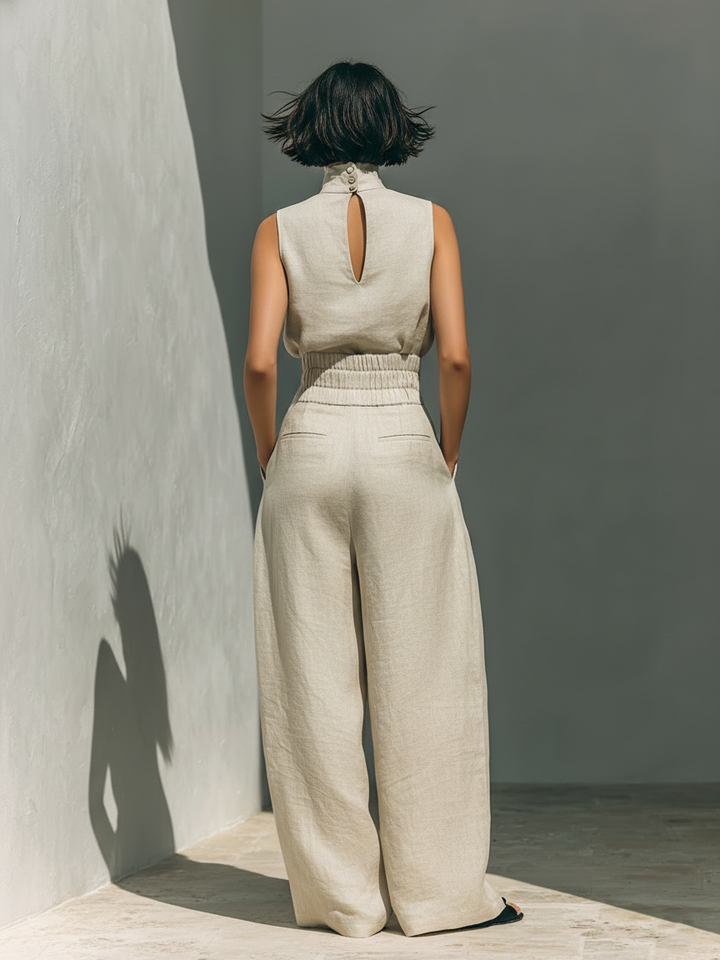 Aurora | Ensemble Co-Ord Décontracté Beige Sans Manches à Jambes Larges