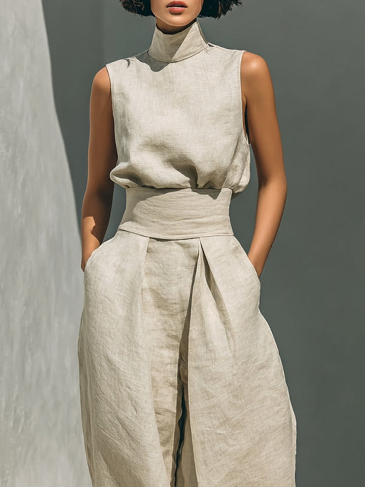 Aurora | Ensemble Co-Ord Décontracté Beige Sans Manches à Jambes Larges
