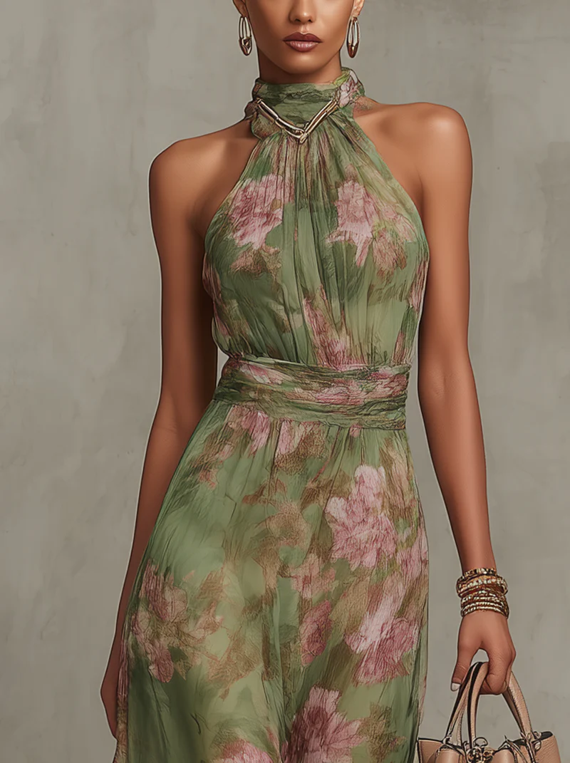 Serena — Robe Maxi Chiffon Halter Élégante à Fleurs