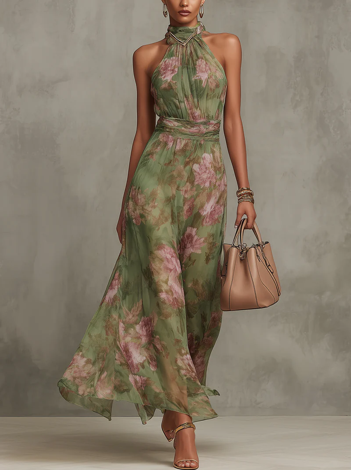 Serena — Robe Maxi Chiffon Halter Élégante à Fleurs