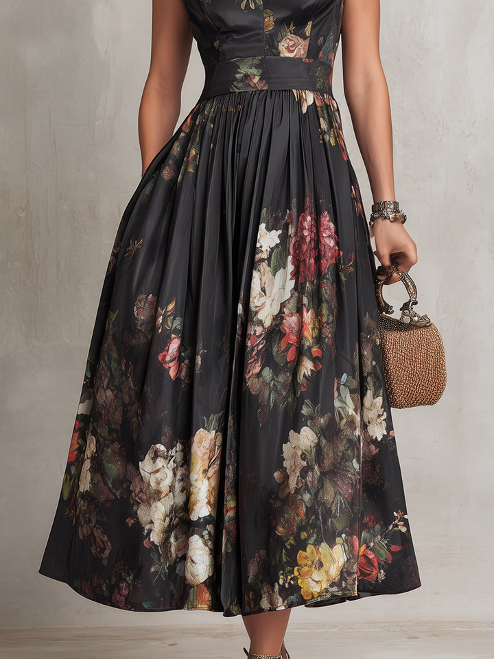 Violetta - Robe Midi Noire en Satin Plissé avec Motif Floral et Encolure en Trou de Serrure