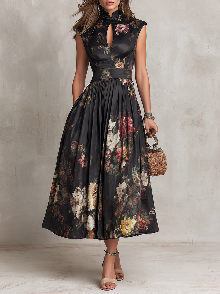 Violetta - Robe Midi Noire en Satin Plissé avec Motif Floral et Encolure en Trou de Serrure