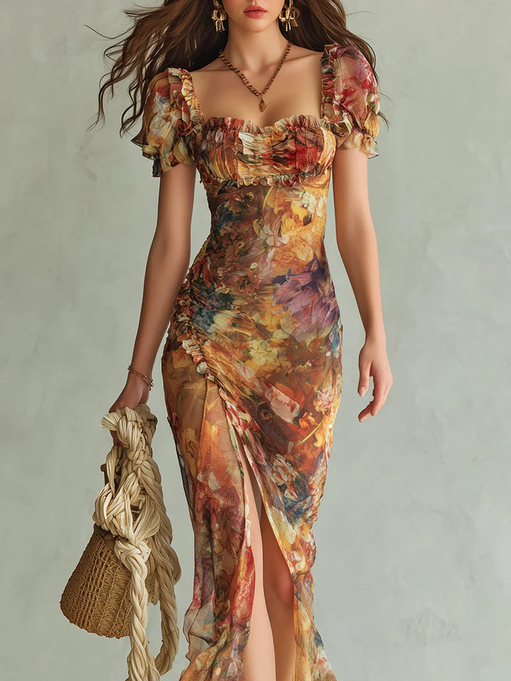 Viola | Longue robe en chiffon orange avec imprimé de style bohème peint à l'huile
