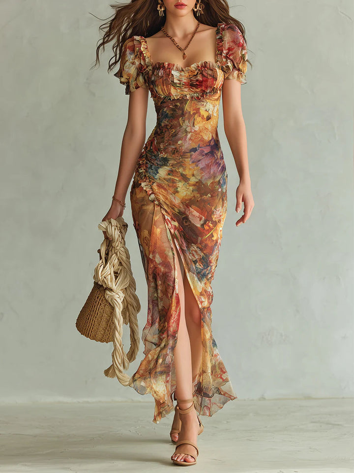 Viola | Longue robe en chiffon orange avec imprimé de style bohème peint à l'huile