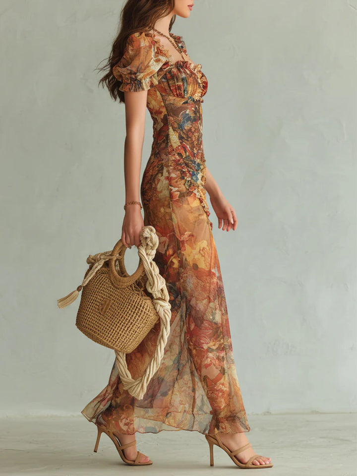 Viola | Longue robe en chiffon orange avec imprimé de style bohème peint à l'huile