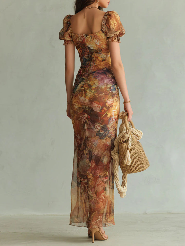 Viola | Longue robe en chiffon orange avec imprimé de style bohème peint à l'huile